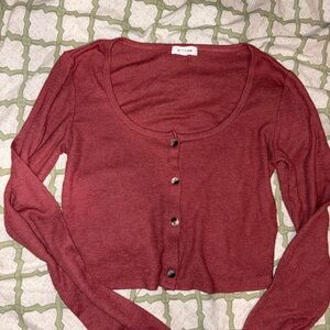 Women's Button-Up Cropped Sweater- Rust Red